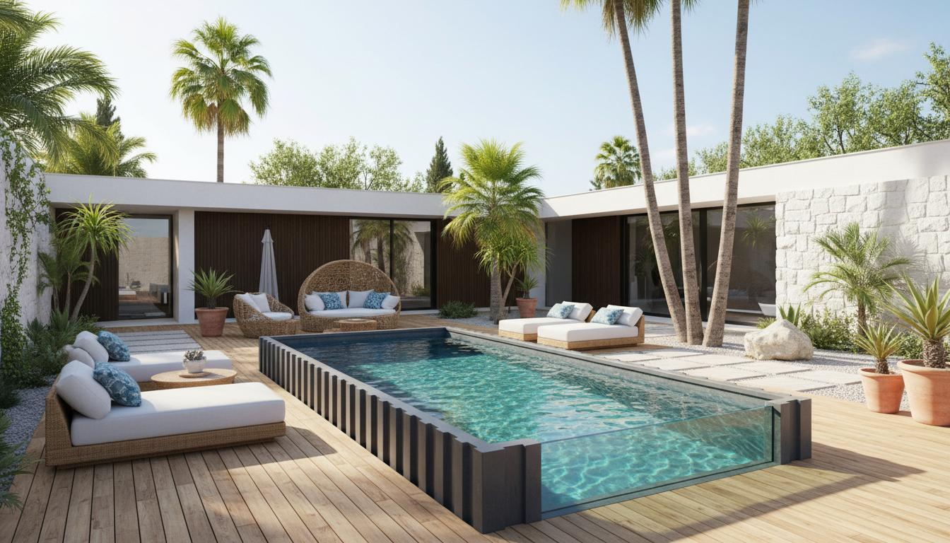 Piscina contenedor en un jardin moderno